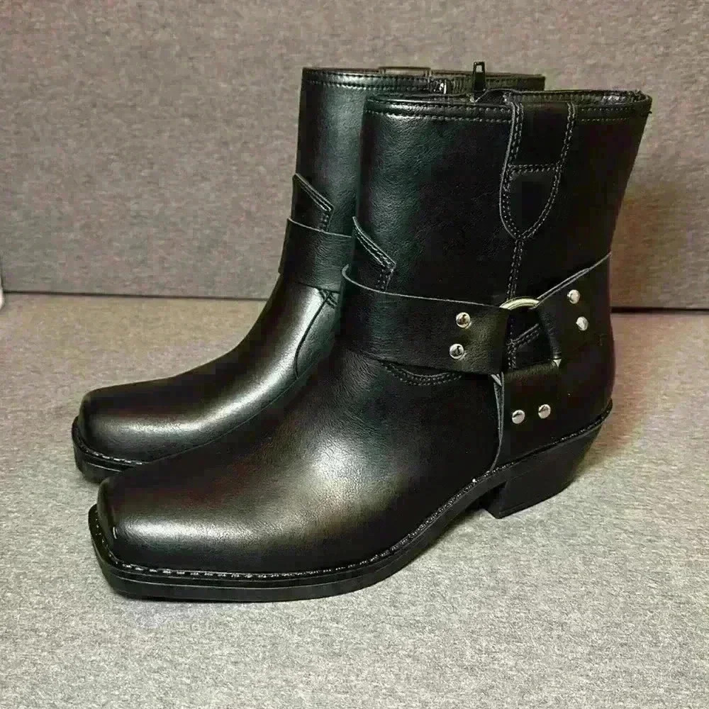 Indigo Rd. Western Silver Harness Black Boot Side Zip Heeled Platform Sz 8.5 - Picture 5 of 13